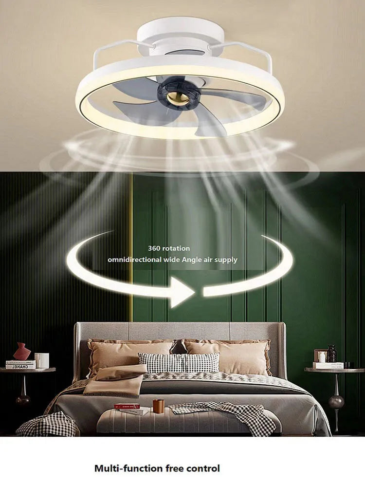 Modern white ceiling fan with integrated light and five PC blades, shown in a bedroom setting.