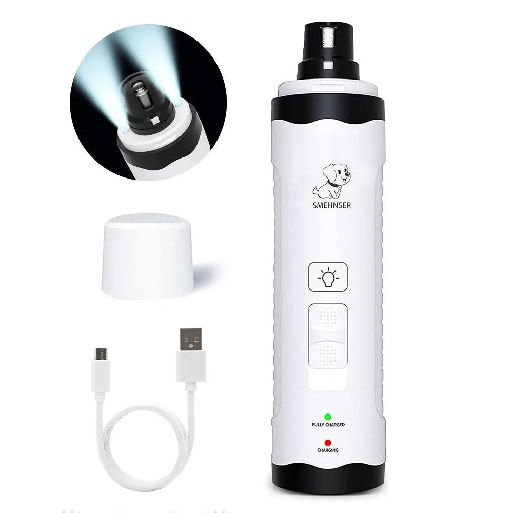White electric dog nail trimmer with LED display showing speed settings and dust collection compartment