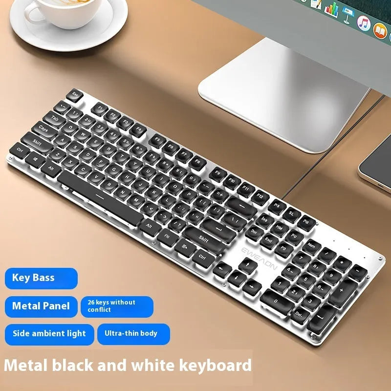 Wired mute keyboard with mechanical feel keys, shown in a Metal Black case with blue LED backlighting.