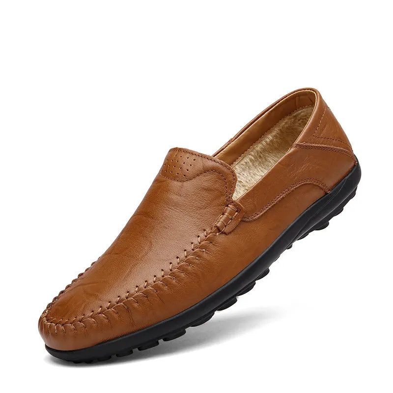 Men's brown cowhide leather shoes with round toe and flat rubber sole business casual design