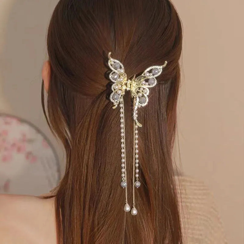 Women's alloy hair grab clip with butterfly tassel, handcrafted retro literary style, 8x8.5 cm butterfly and 15 cm tassel