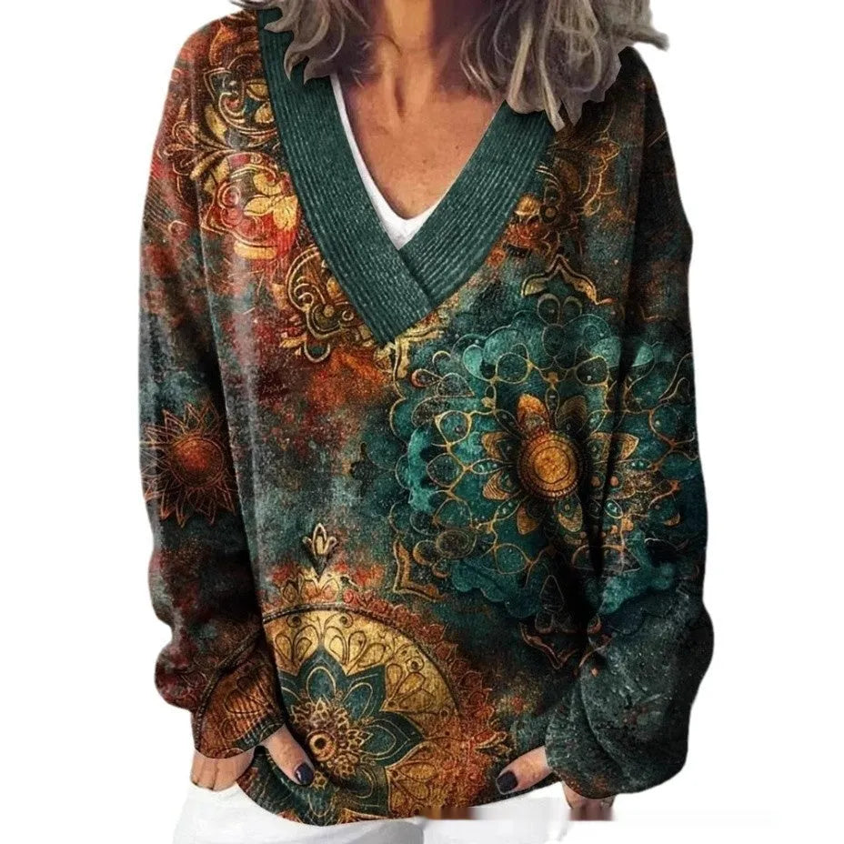 Women's V-neck long sleeve sweatshirt with a raised 3D floral pattern print in art retro style.