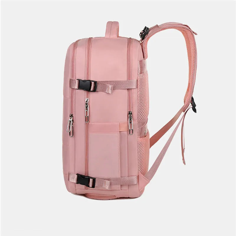 Large-capacity purple travel backpack for women with multiple compartments and an air pillow shoulder strap.