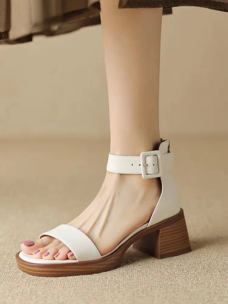Women's white retro platform heels with ankle strap and round toe