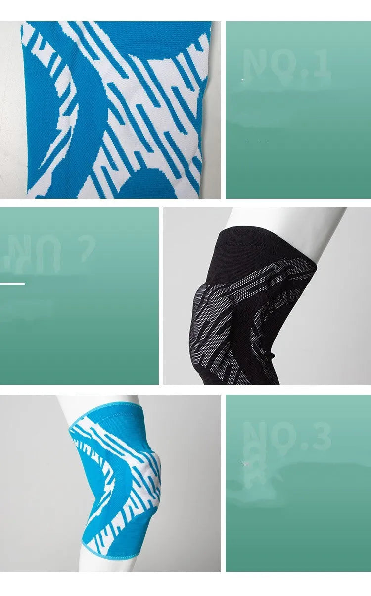 Men's black and blue nylon basketball knee pads shown in S, M, L, XL sizes