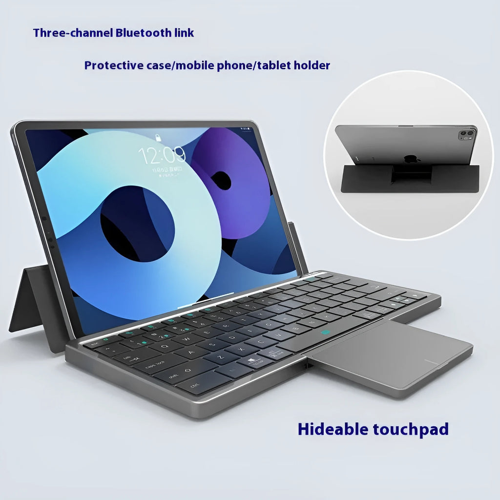 Black and grey three-in-one wireless Bluetooth keyboard with touch pad and leather sheath stand for iPad.