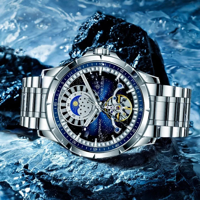 Men's silver automatic mechanical watch with blue dial on stainless steel strap
