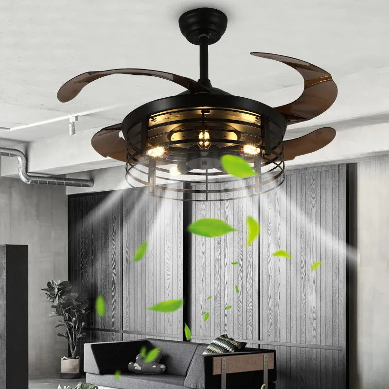 Industrial ceiling fan lamp with invisible blades and integrated light, American retro style