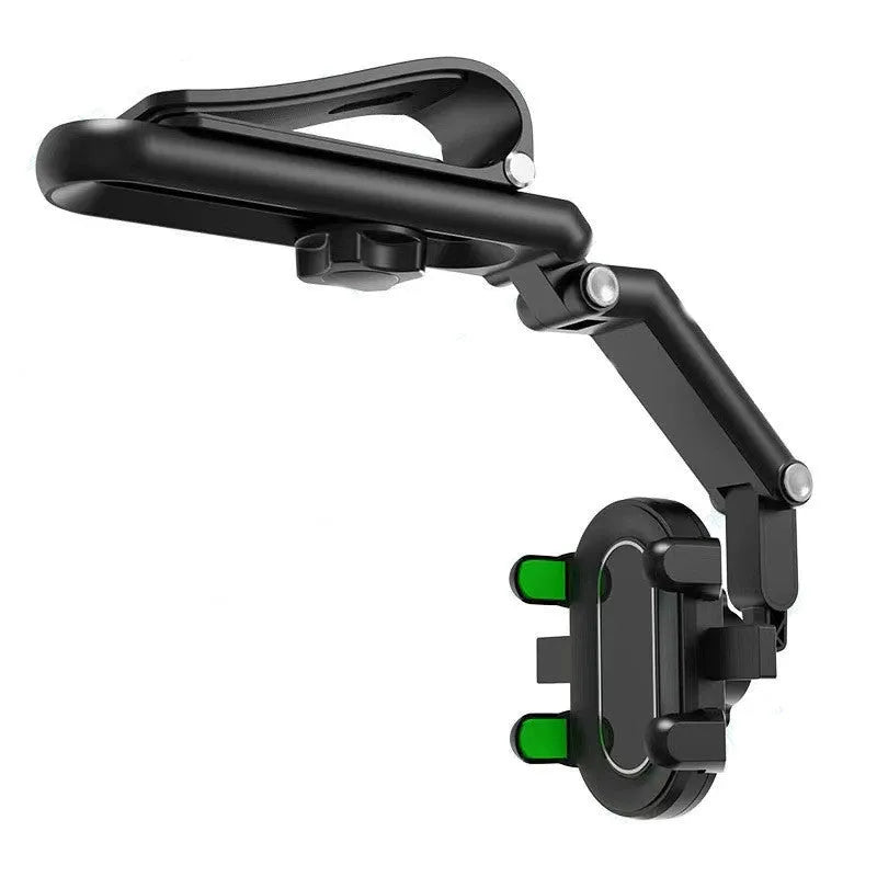 Car sun visor with buckle attachment for rear seat, shown in black and green colour options.
