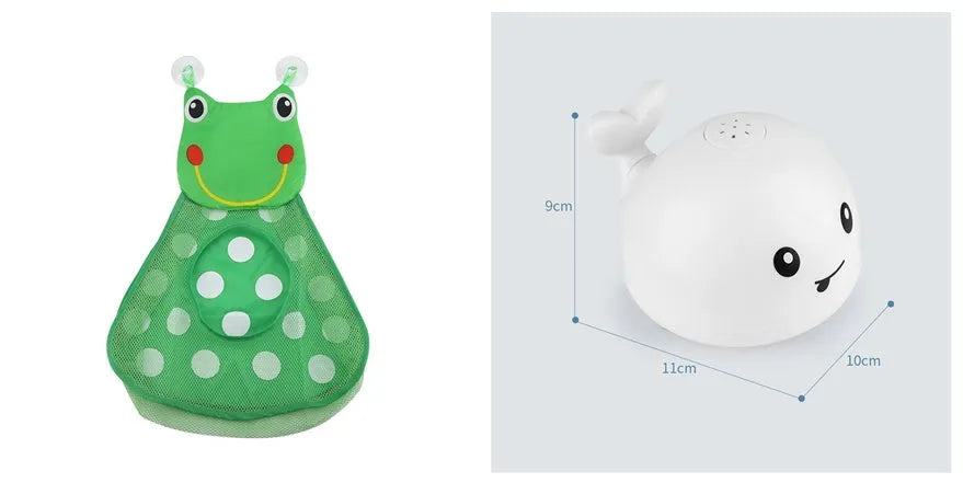 Electric whale-shaped baby bath toy with water spray, LED lights, and automatic water sensor