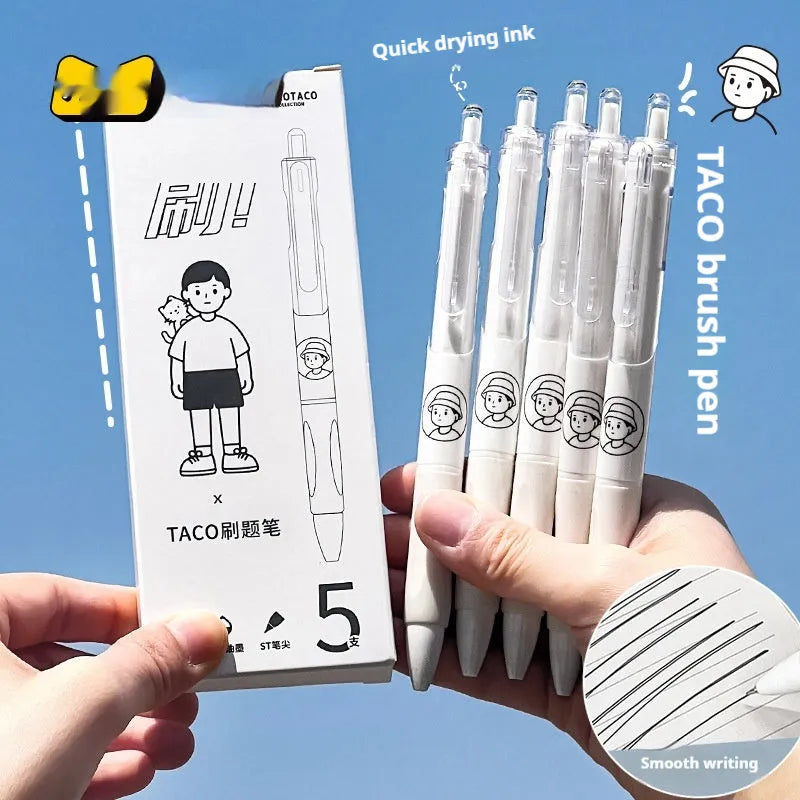 Five black ballpoint pens with 0.5mm tips for quick-drying writing