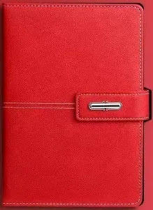 A5 notebook with imitation leather cover in multiple colour options including black, red, green, blue, and orange.