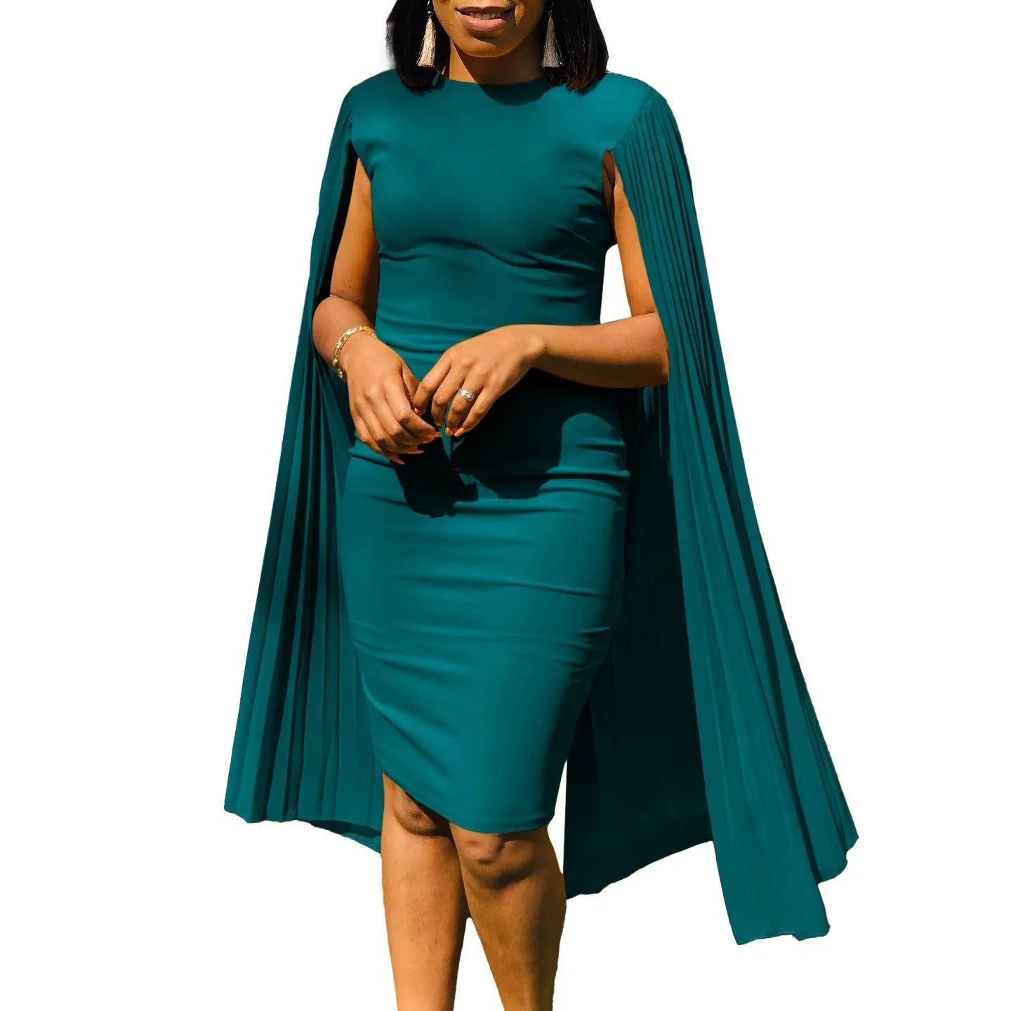 Women's yellow high-waist evening gown with round neck, long sleeves, and a pleated shawl detail.