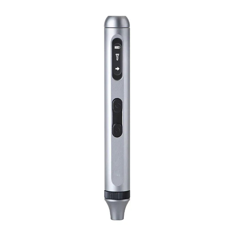 Compact aluminium electric screwdriver showing scale, with display indicating 180-minute battery life and dual torque settings.