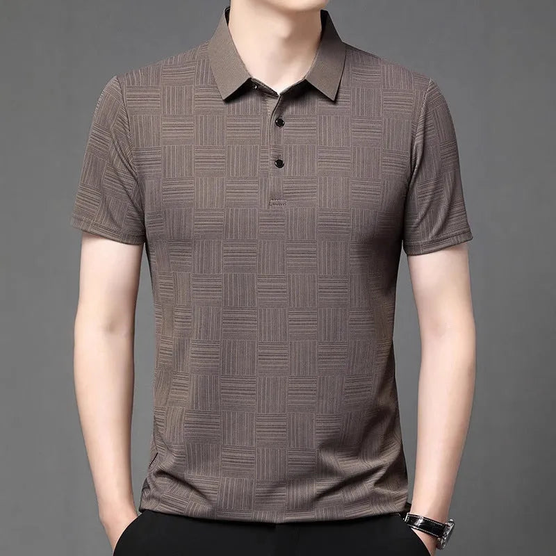 Men's lapel neck slim fit t-shirt in green, showing the casual collar design and lightweight fabric.