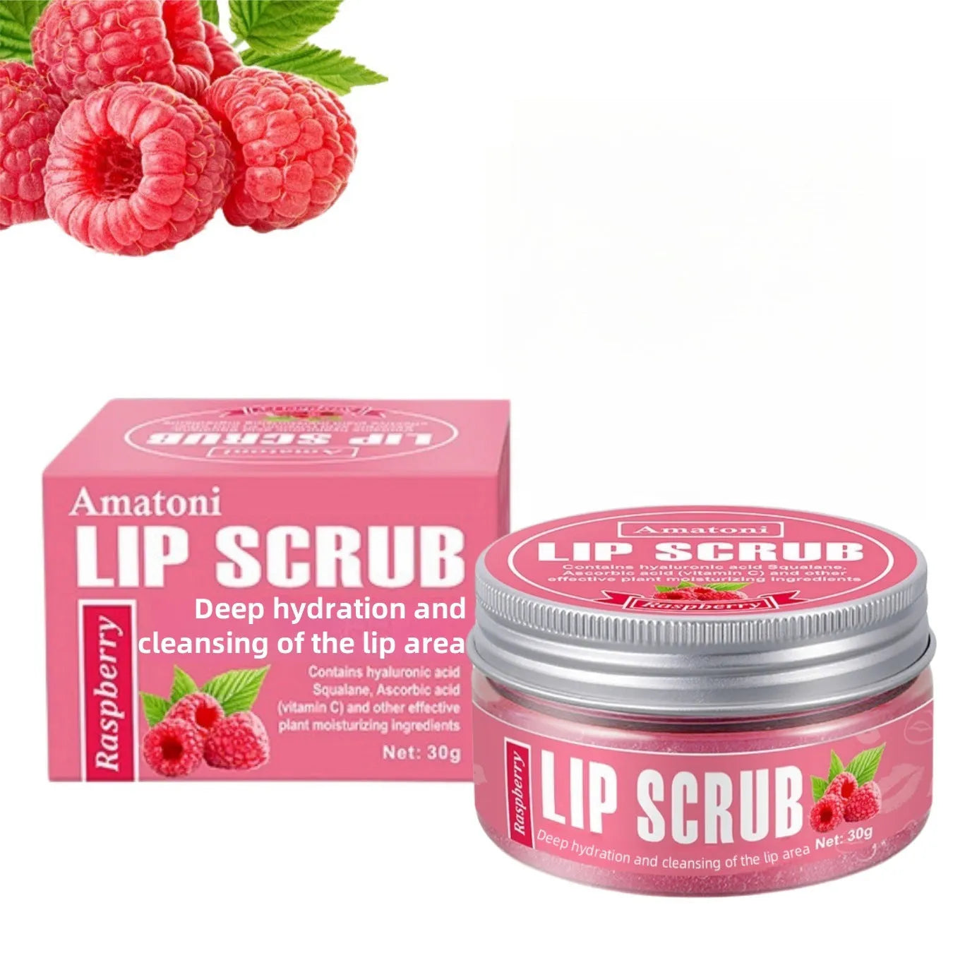 Amatoni lip scrub cream pot in choice of coconut, raspberry, vanilla or watermelon flavour, 30g size