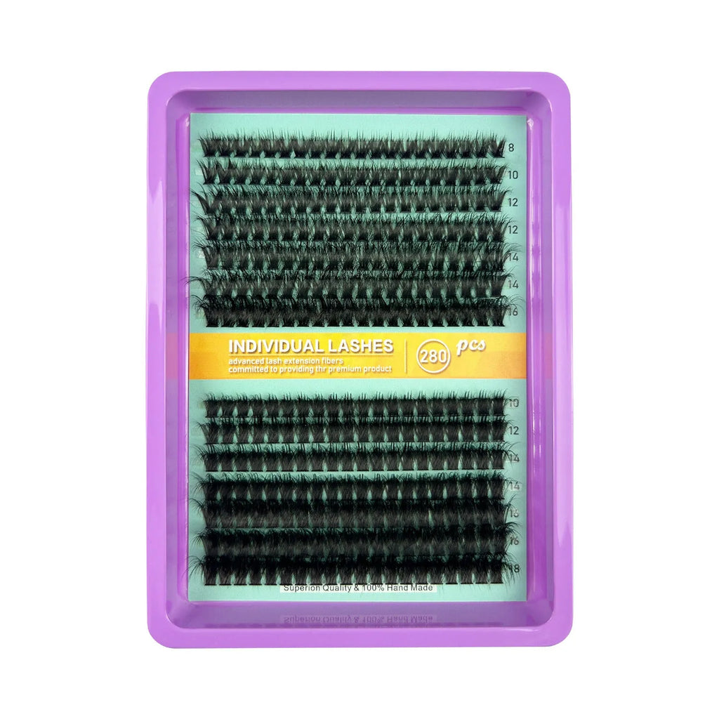 Box of assorted messy style false eyelashes showing multiple lash sets on a clear tray