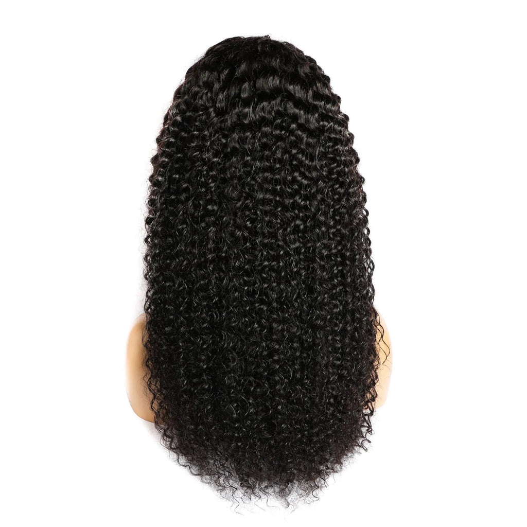 Curly human hair lace front wig on a stand, showing hand-woven construction and long curls.