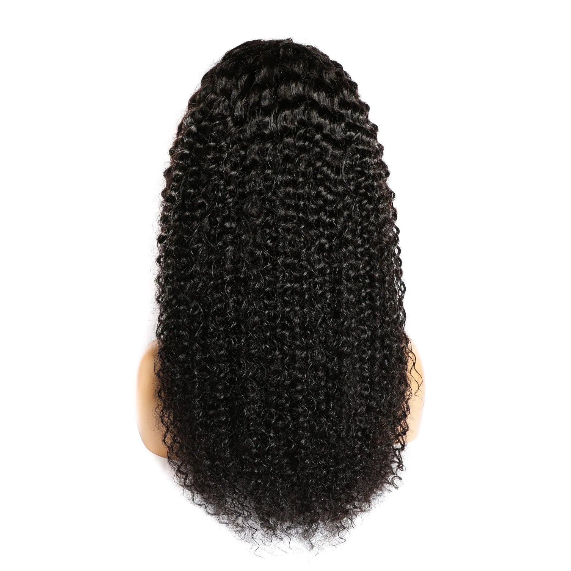 Curly human hair lace front wig on a stand, showing hand-woven construction and long curls.