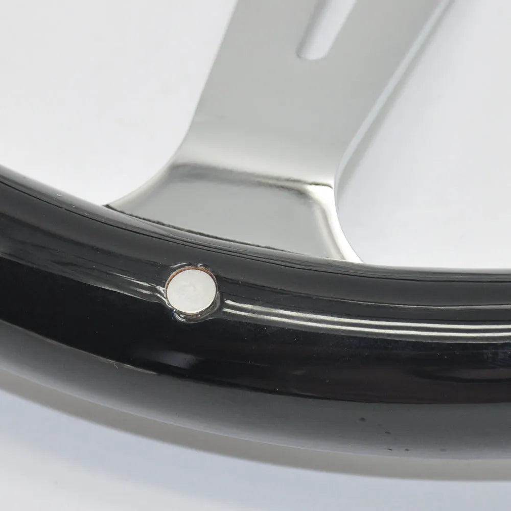 Black electroplated wood steering wheel for classic cars showing 15 inch diameter and 6-hole bolt pattern