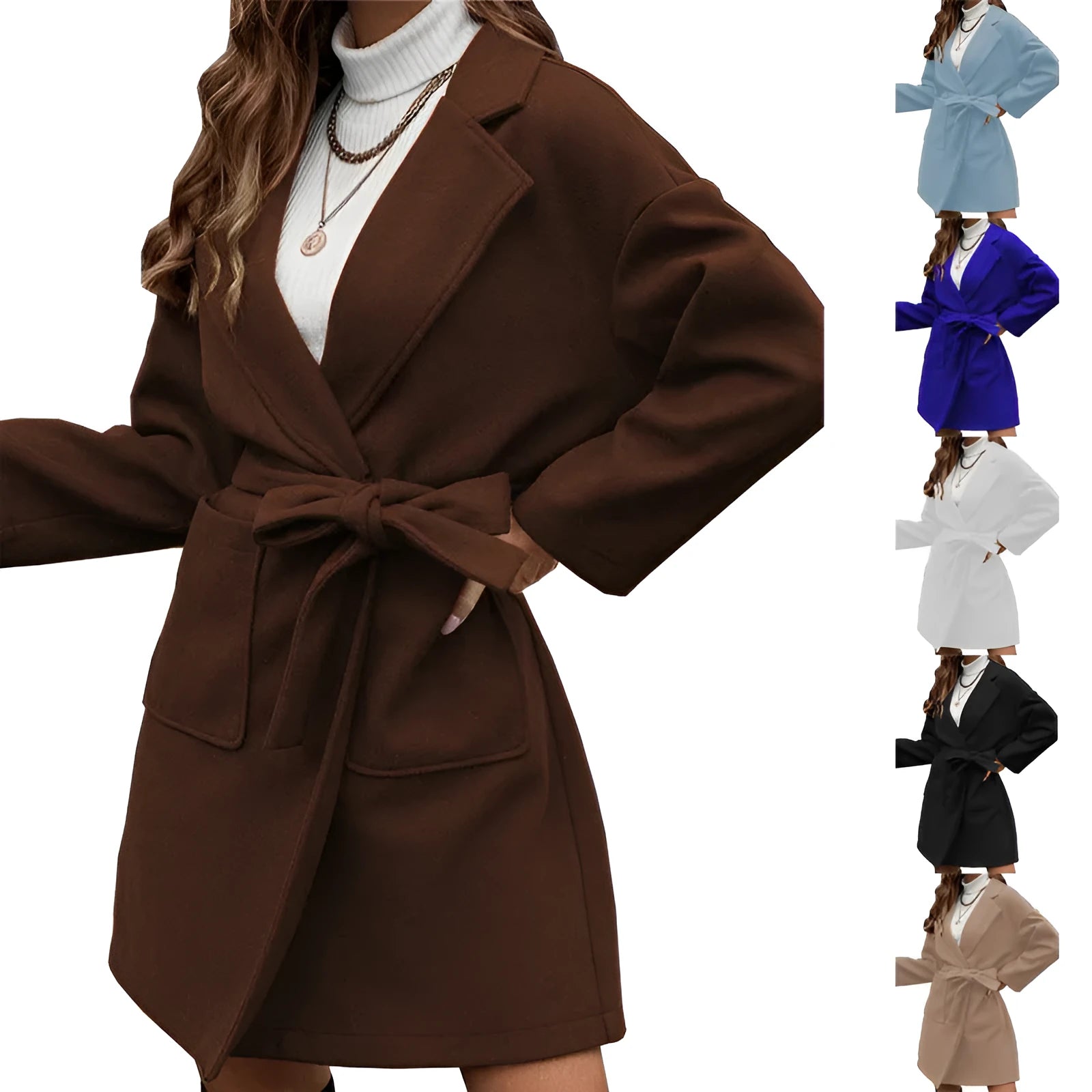 Minimalist loose fit long sleeve coat with lapel buttons and a split belt in a light blue colour.