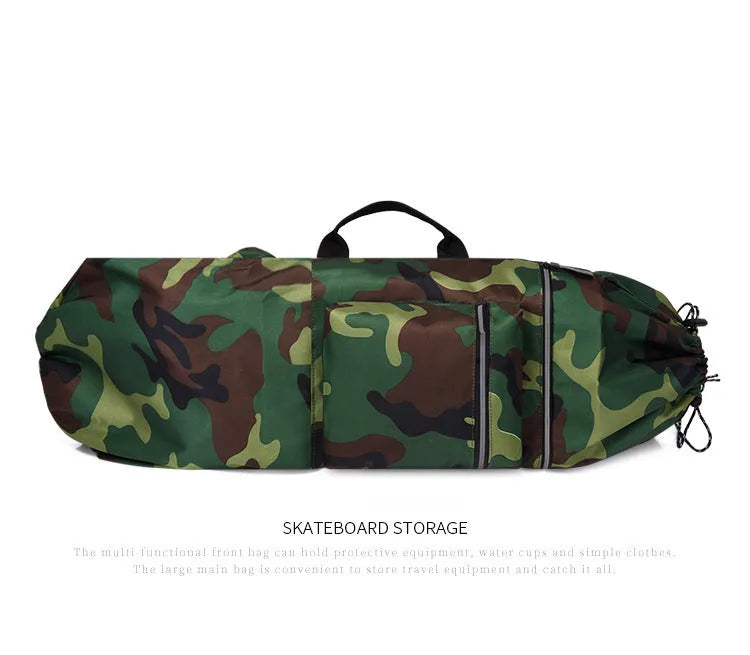 Lightweight waterproof nylon skateboard bag in camouflage green, showing large main compartment.