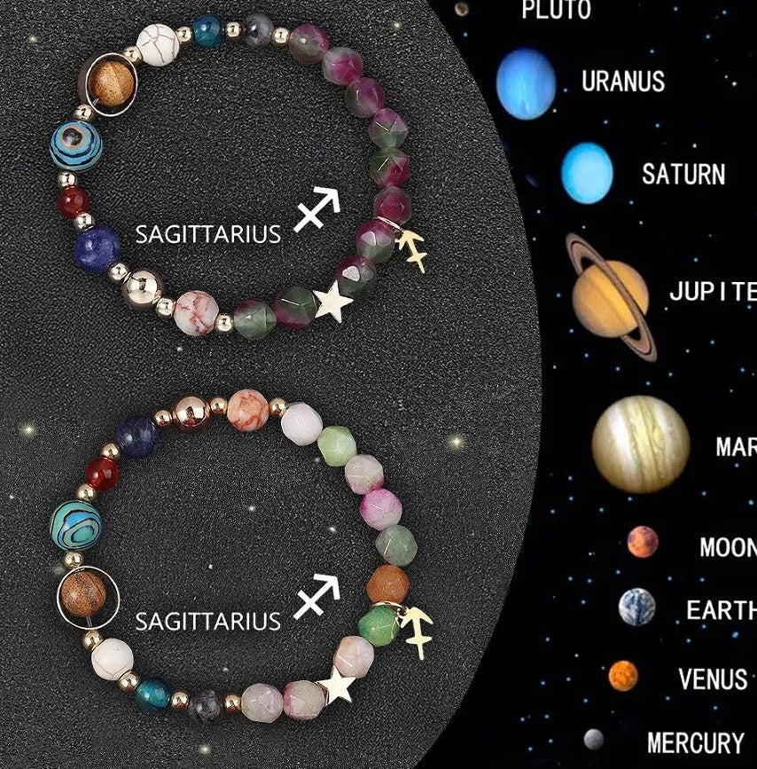 Set of twelve natural stone beaded bracelets, each representing a different zodiac sign.