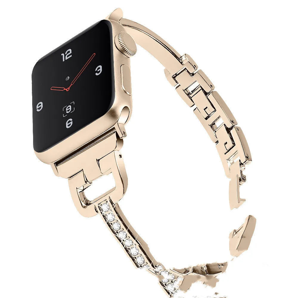 D-shaped metal diamond pattern strap for Apple Watch in silver, shown next to black and gold colour options.