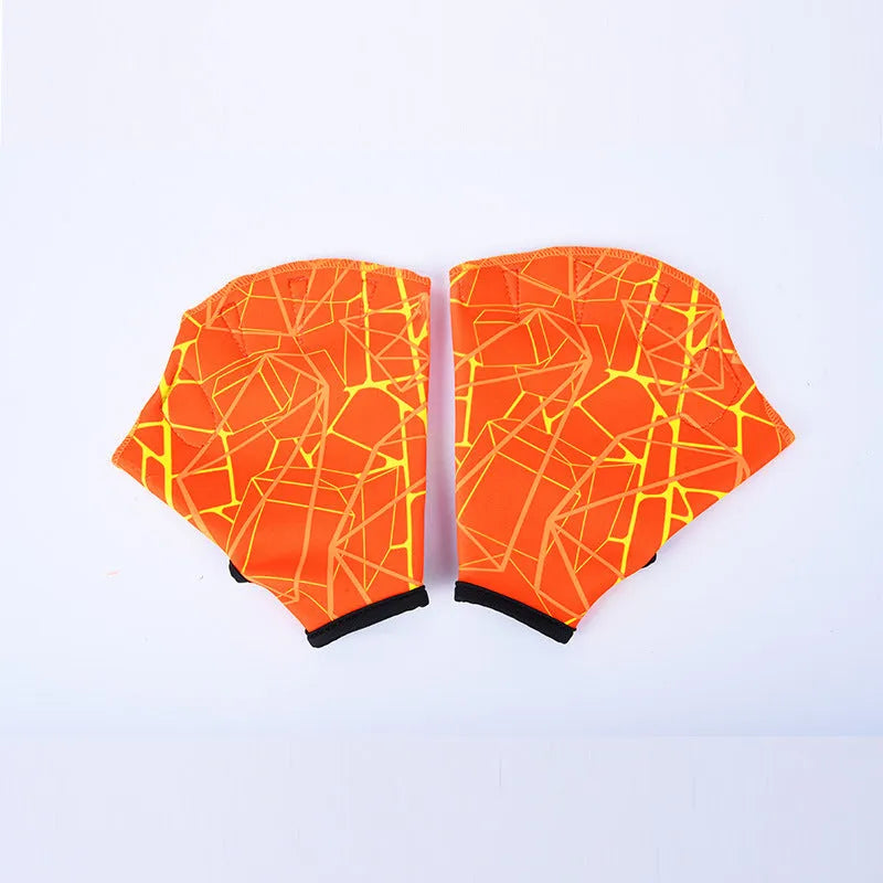 Duck feet webbed swimming gloves in multiple colour prints showing nylon construction and sizing options