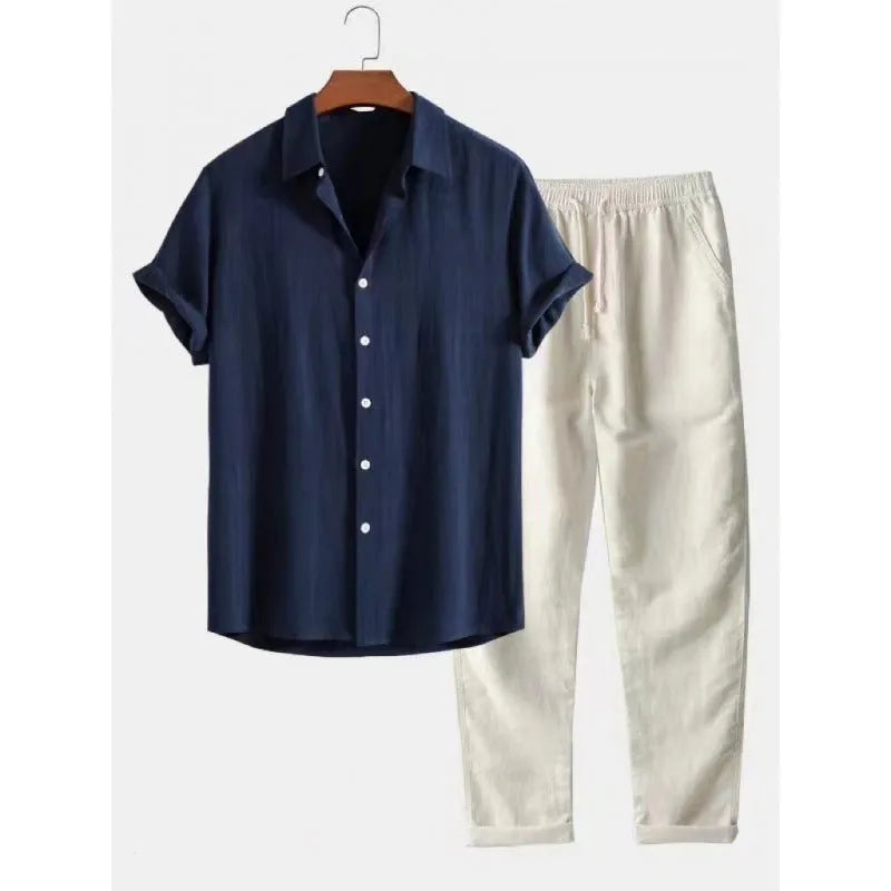 Men's loose fit linen blend short sleeve shirt and trousers casual suit set on a hanger.