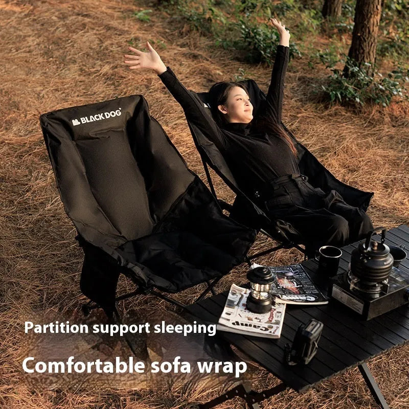 Night Black portable folding moon chair for outdoor camping and beach use.