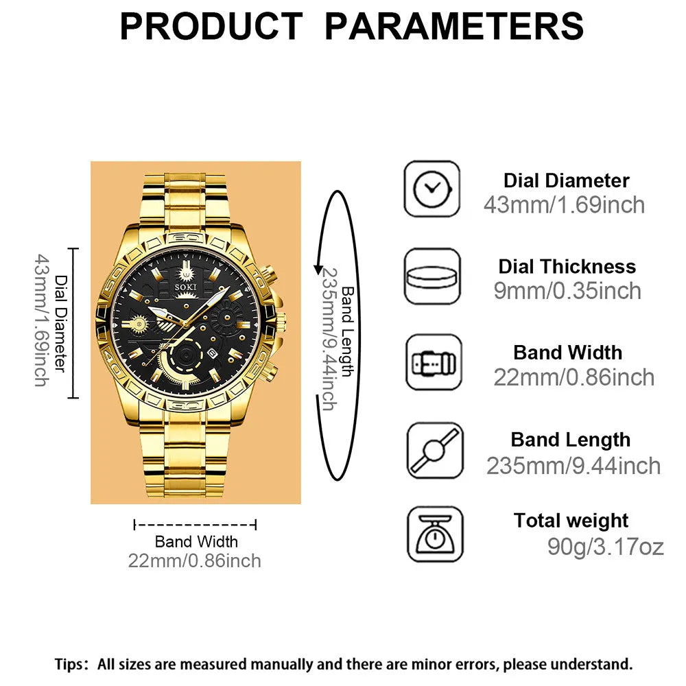 Gold men's stainless steel quartz watch with business styling and folding buckle