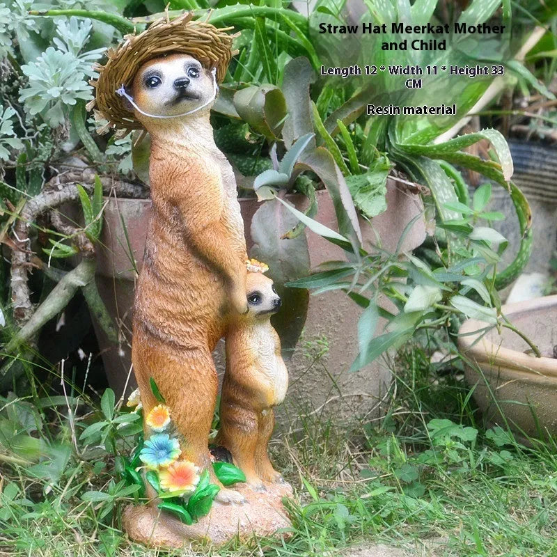 Plastic resin mongoose garden ornament with straw hat in three colour variations