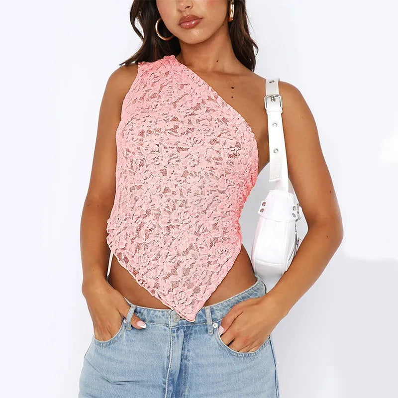 Women's slim-fit lace-back vest top with asymmetrical neckline in solid colour