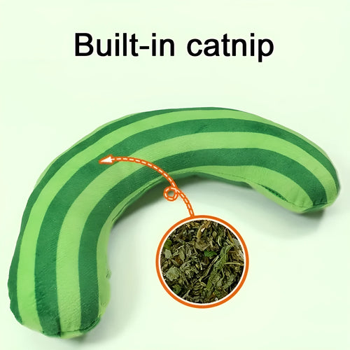 Striped pattern cat pillow measuring 23x20cm with noise toy and catnip elements in green, rainbow, or yellow colours