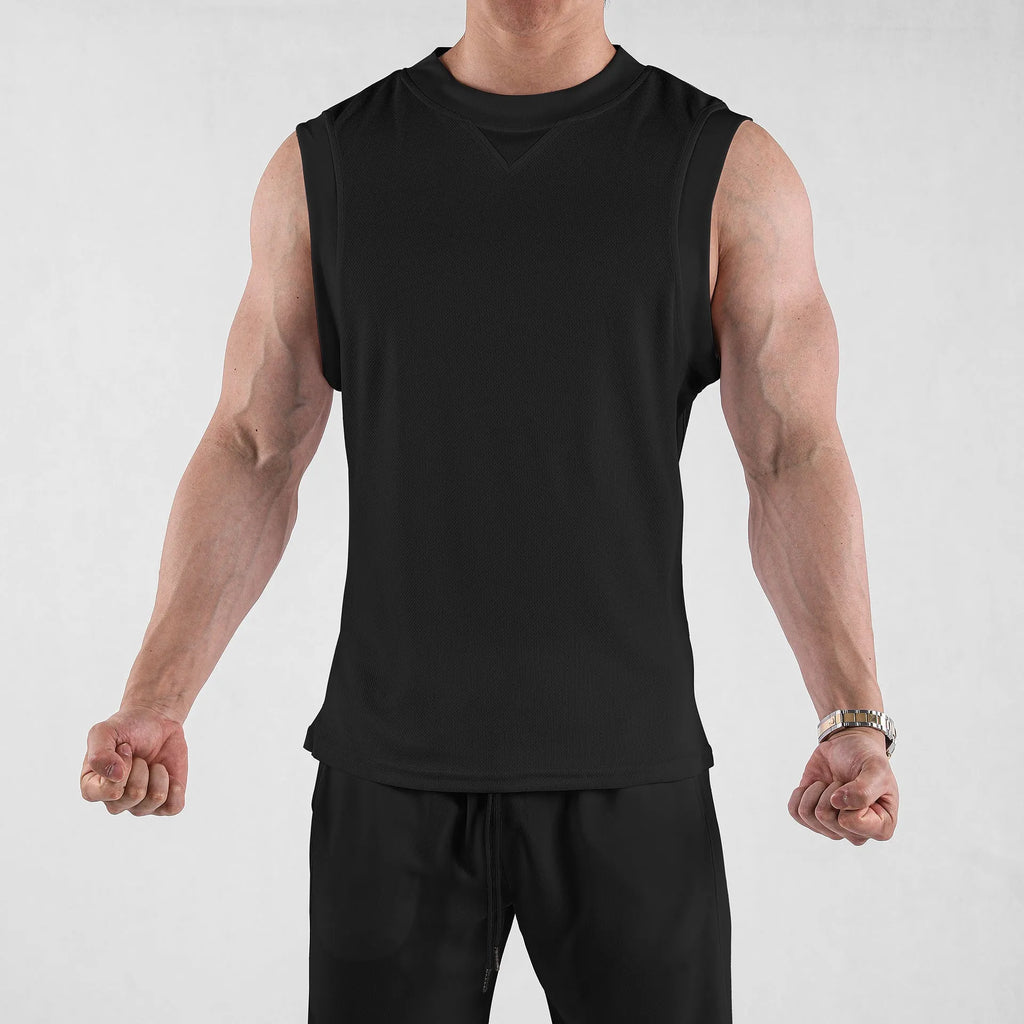 Men's loose fit sports vest in black or white made from breathable quick-dry chemical fibre blend for summer gym training