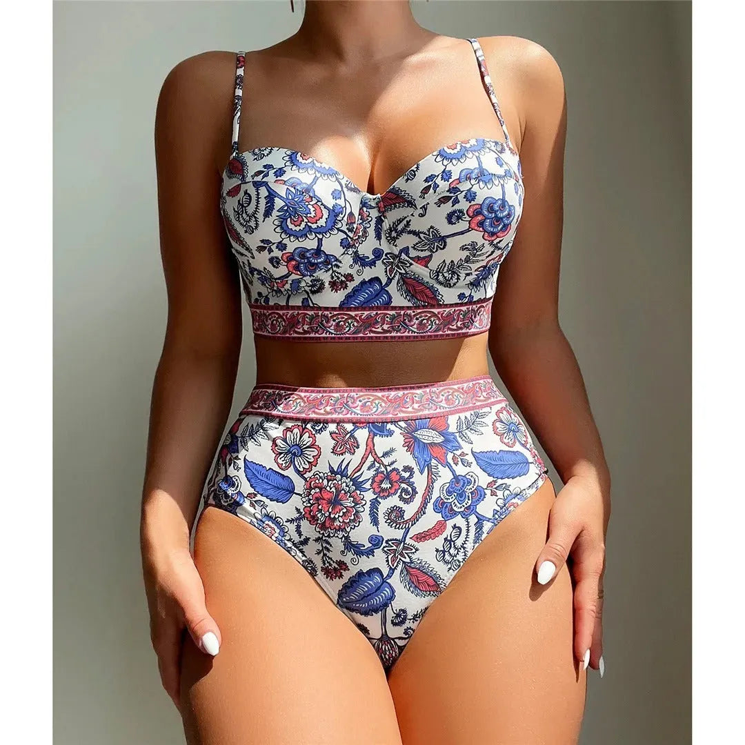 Blue high waist push-up bikini swimsuit for women with polyester lining
