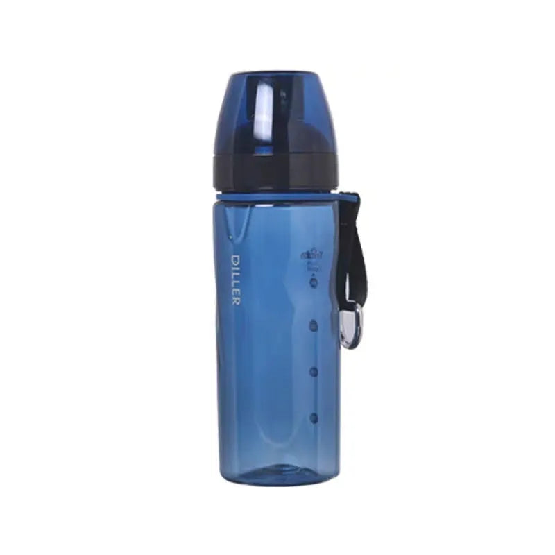Blue Chinese-style portable water cup with a built-in tea compartment, lid, and handle.