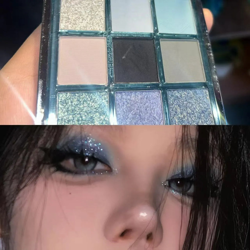 MUGELEEN nine-colour eye shadow palette 08 showing low saturation ice blue and smoked tone shades