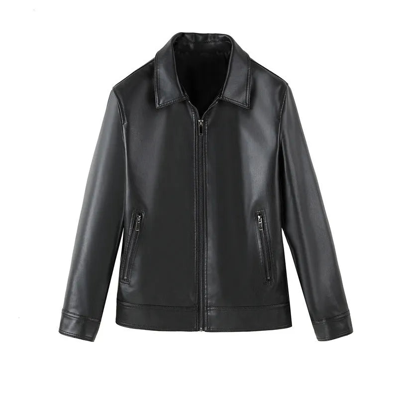 Black men's casual loose fit PU leather jacket with zippered pockets