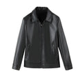 Black men's casual loose fit PU leather jacket with zippered pockets
