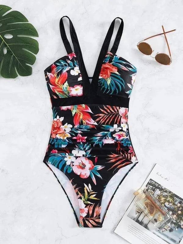 Women's floral backless one-piece swimsuit in multiple colours with high elasticity construction