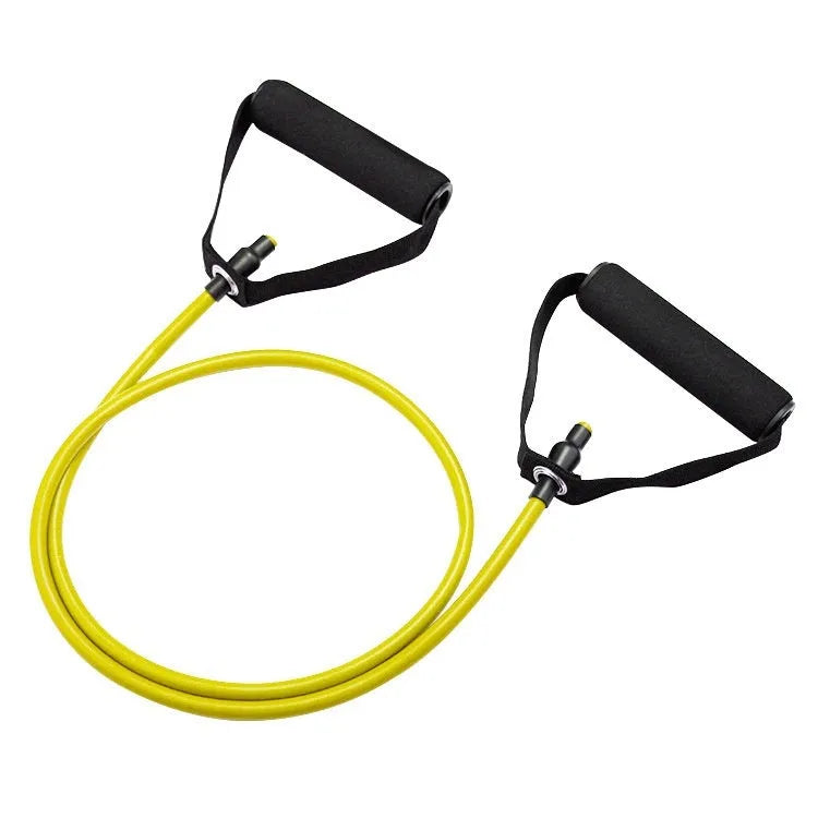 TPE chest expander exercise equipment with adjustable tension rope in yellow, green, red, blue, and black resistance options