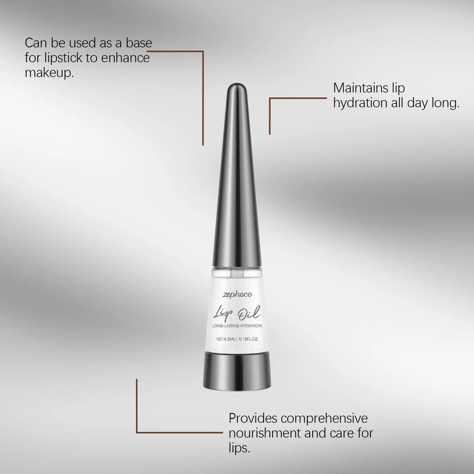 Long-lasting nourishing lip oil tube with 4.3ml capacity, clear formula with grape seed oil and shea butter