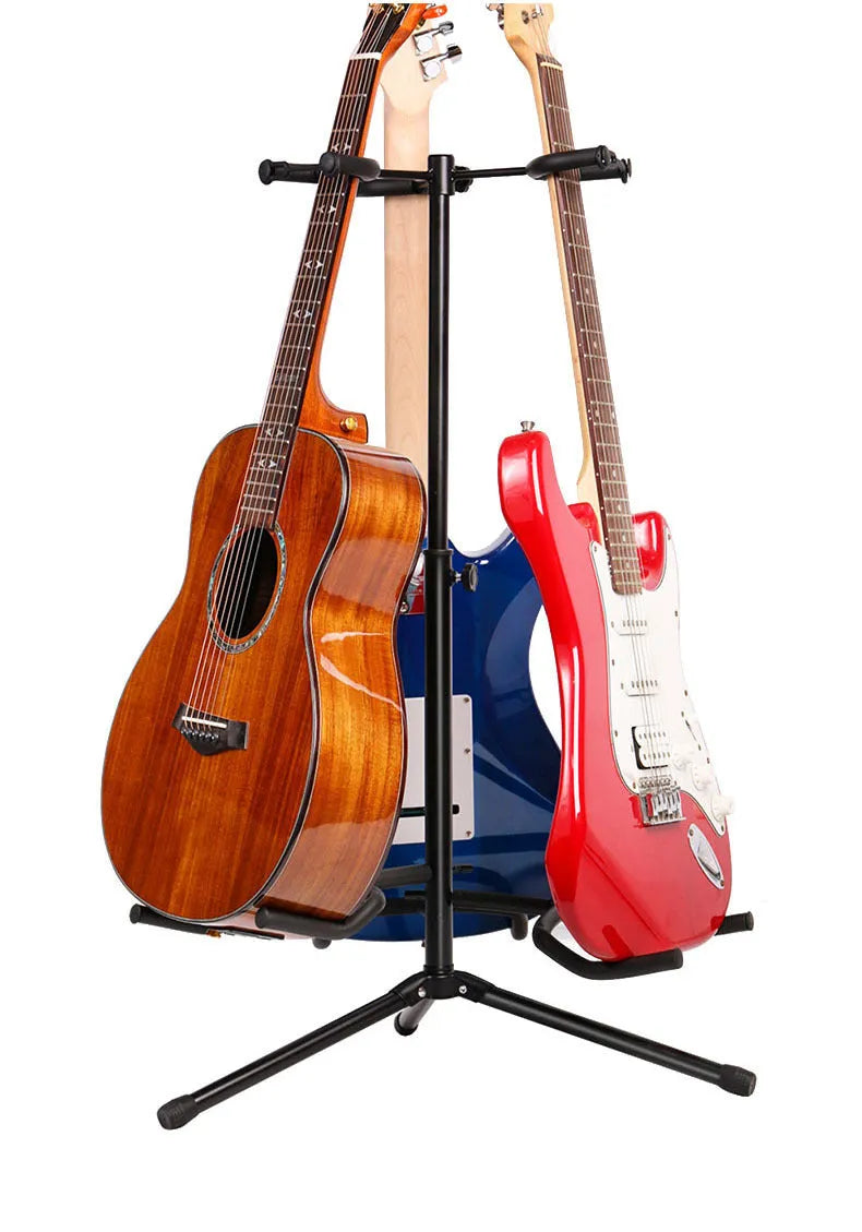 Black iron vertical guitar stand with two heads holding an electric and acoustic guitar.