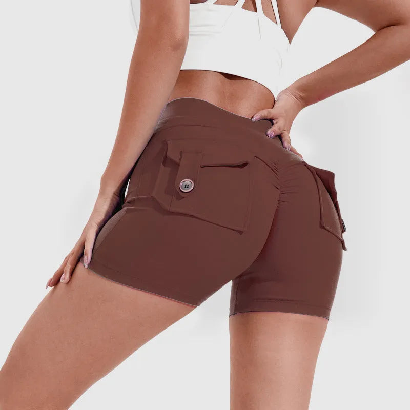 Women's high waist fitness shorts with pockets in avocado green colour for yoga and workouts