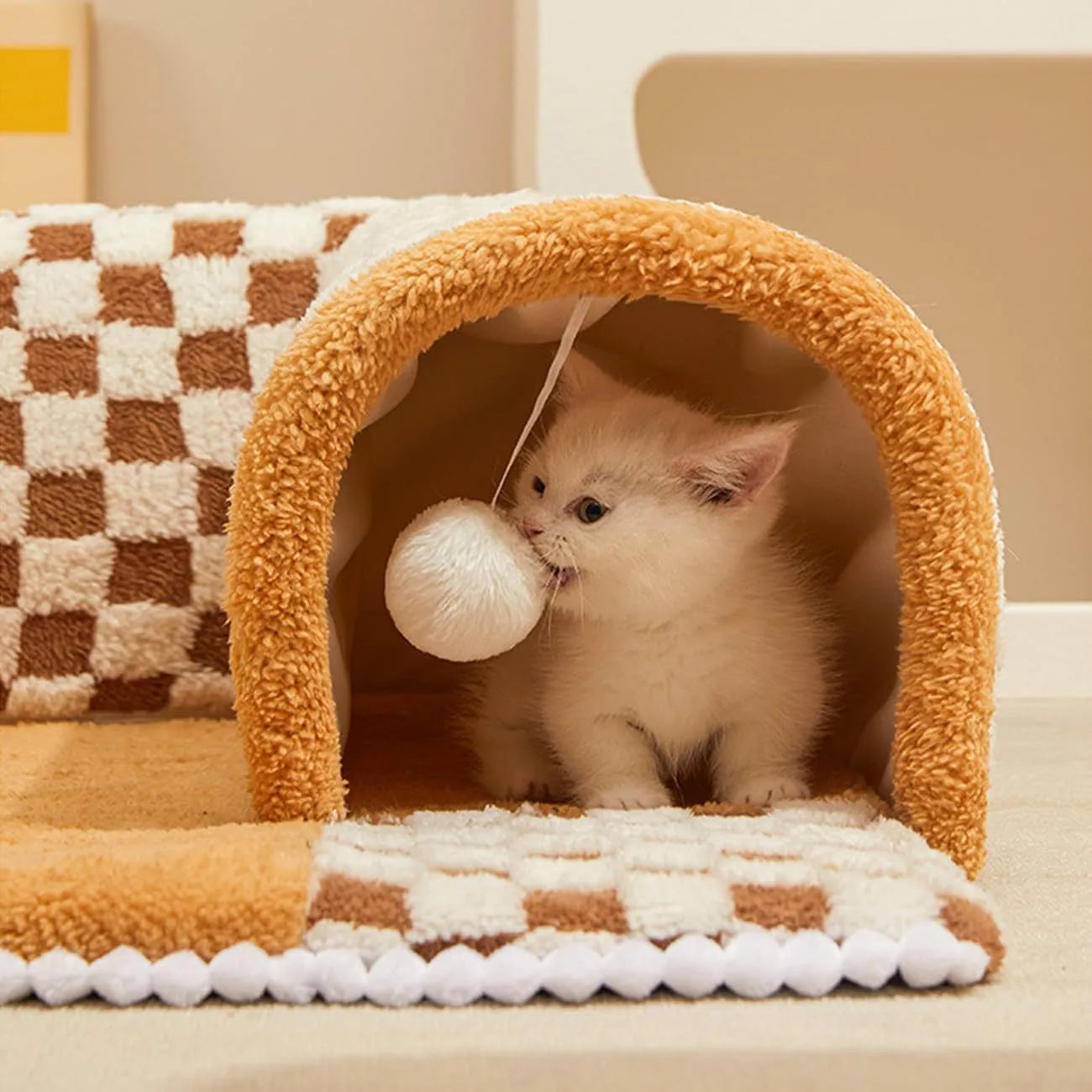XL sized fan-shaped plush pet bed with a tunnel entrance and a thick sleeping mat, in a coffee colour with an anti-slip granular base.