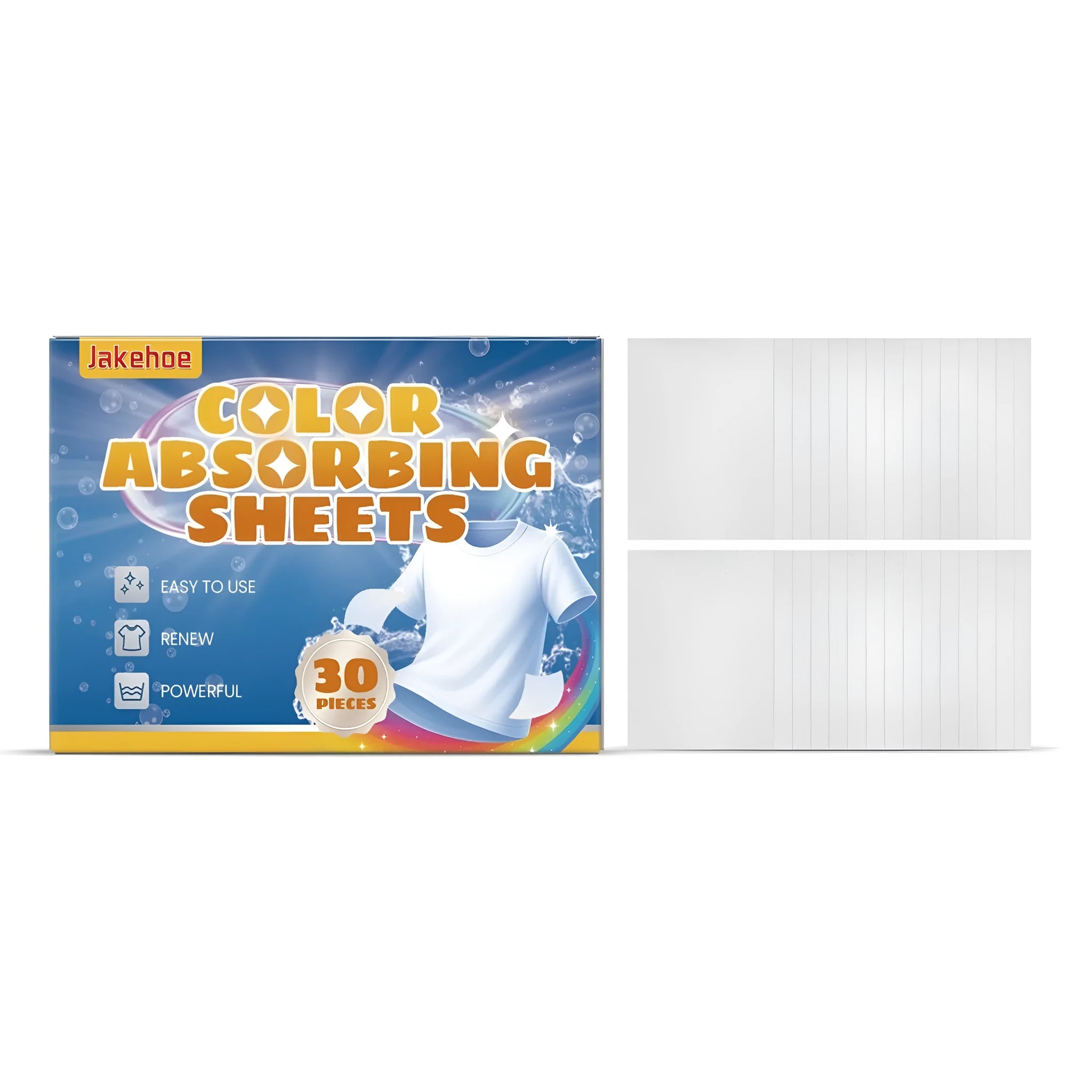 Pack of 30 white laundry colour absorber sheets on a blue background.