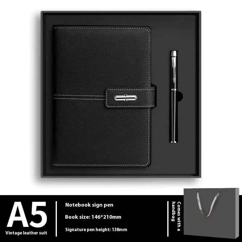 A5 notebook with imitation leather cover in multiple colour options including black, red, green, blue, and orange.