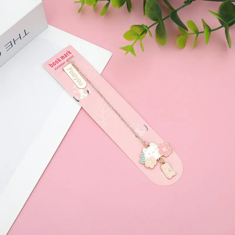 Metal pendant bookmark with cartoon cherry cat design for book marking
